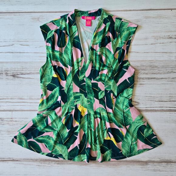 Catherine Catherine Malandrino Tropical Palm Banana Leaf Print Peplum Top sz XL - Picture 1 of 4